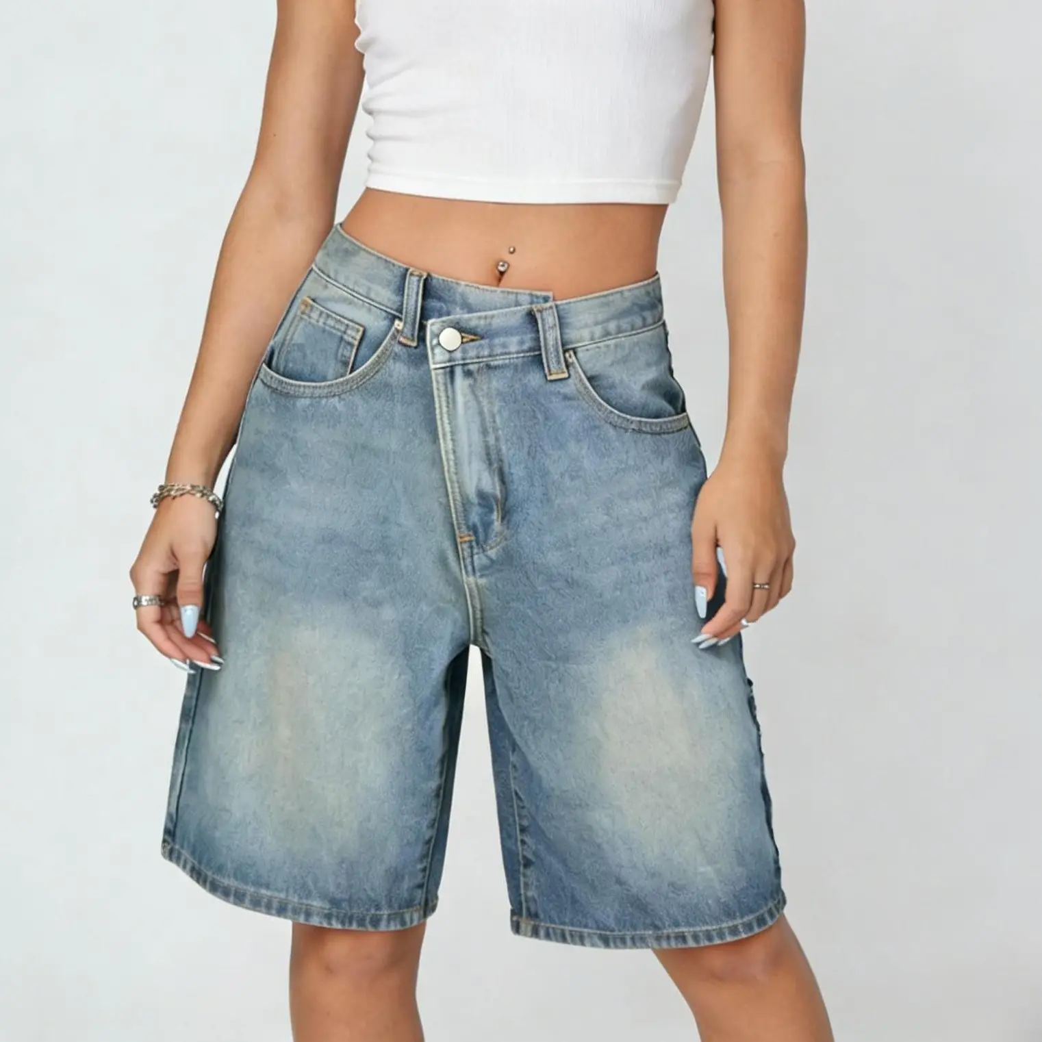 EMMIOL Women Jorts Asymmetric Jeans Crossover Baggy Jeans Shorts Mid-Low Waisted Denim Y2K Hip-Hop Shorts Summer Hot Short Pants Streetwear Summer Vibes