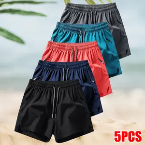 Men's 5-Pack Solid Color Quick-Dry Shorts, Casual Slightly Stretchy Elastic Waist Drawstring Shorts, Suitable for Summer Gym Workouts, Running, and Outdoor Activities, Comfortable and Adjustable