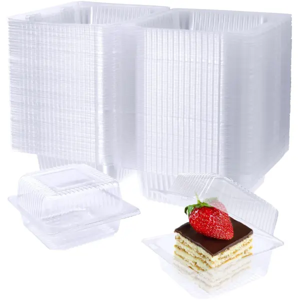 100 Pack Clear Plastic Square Hinged Food Containers with Lids, Disposable Clamshell Takeout Containers, Clear Cake Slice & Pastry Boxes, Plastic Food Storage Containers for Salad, Dessert, Bakery, 5.1" x 4.7" x 2.8"
