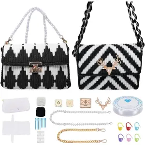 2 Set DIY Plastic Canvas Mesh Bag Kit Blank Mesh Canvas Sheets for Embroidery Needlepoint Craft Kit Knit and Crochet Projects Handbag Making Accessories, Black and White