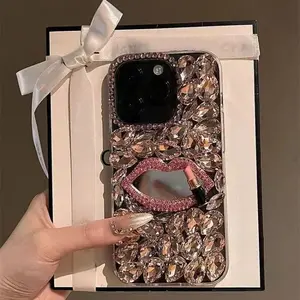 Full Rhinestone Red Lip Mirror Case Cover for iPhone 14/15 Series | Full Pink Rhinestone Base + 3D Rhinestone Red Lip Mirror + Mini Lipstick Decor | Scratch & Shock Resistant | Outing/Touch-Up Stylish Hot Girl Style
