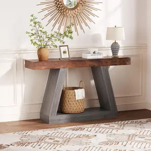 Garvee Farmhouse Console Table 55 Inch Industrial Wooden Entryway Table with 2-Tier Open Storage Shelves, Trapezium Design Sofa Table for Living Room and Hallway in Brown Gray