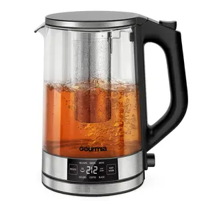Gourmia Programmable Glass Electric Kettle 1.7L with Adjustable Temperature Digital Display & Tea Infuser Black Cordless 360° Swivel Base