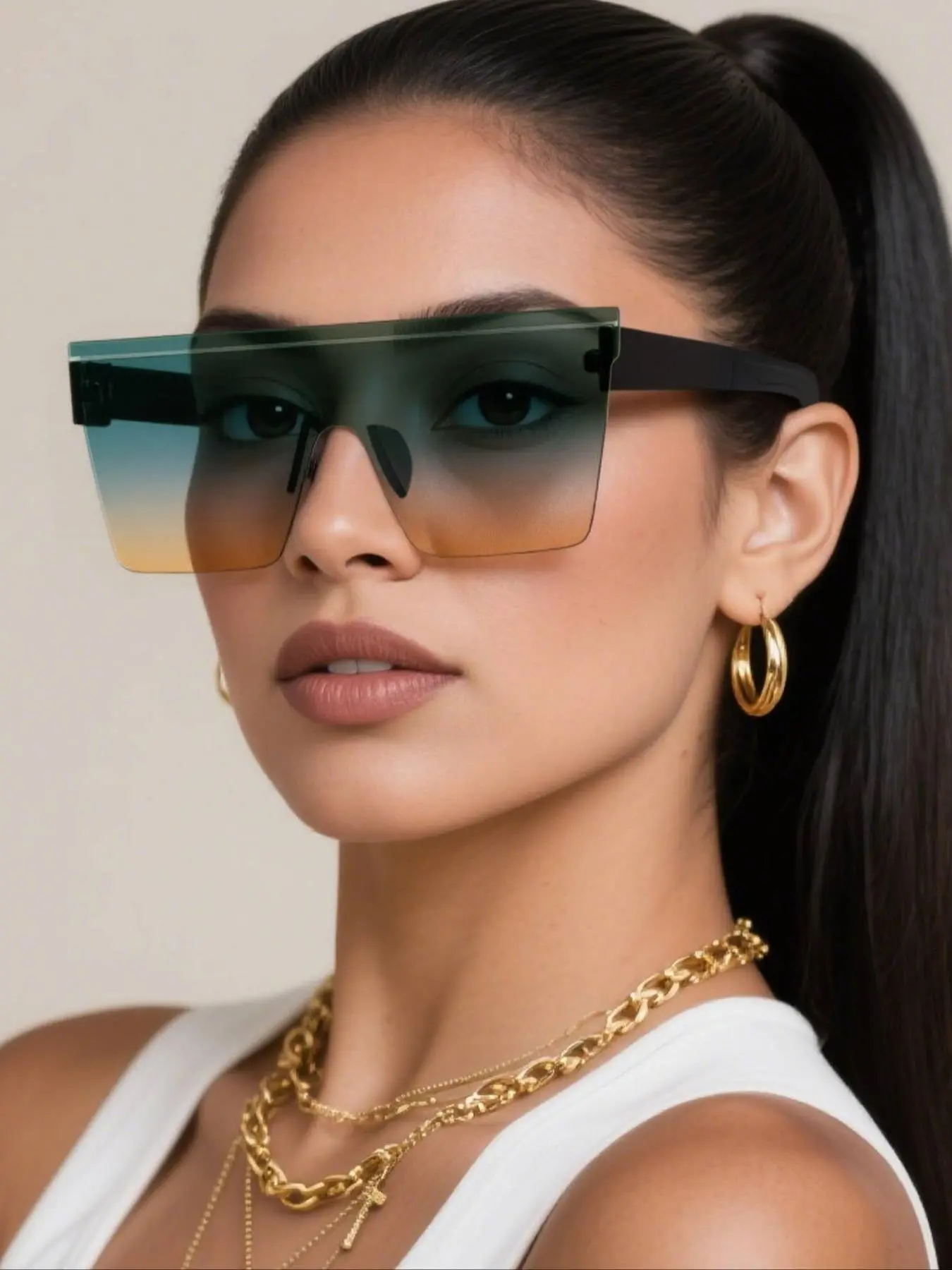 Women's Tinted Lens Rimless Sunglasses, Trendy Casual Wide Square Frame Sunglasses for Everyday Use, Fashion Accessories for Outdoor Activities, Modern Sunglasses, Fashionable Sunglasses