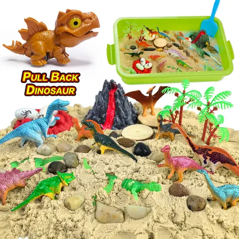 CAROLART Sensory Bin Playset - Kids' Sand Play Kit for 4-6 Years Boys with Sensory Sand, Glow-in-the-Dark Skeletons, 11 Dino Plastic Pieces, Scoop, Plastic Dinosaurs, 1.65 lbs Independent Play Dinosaur Sandbox Excavation Supplies