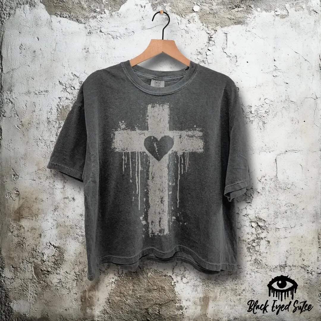 Christian Cross Heart T-Shirt – Cropped Comfort Colors Pepper Boxy Tee, Vintage Gothic Crop Shirt, Distressed Grunge Rocker Graphic Tee