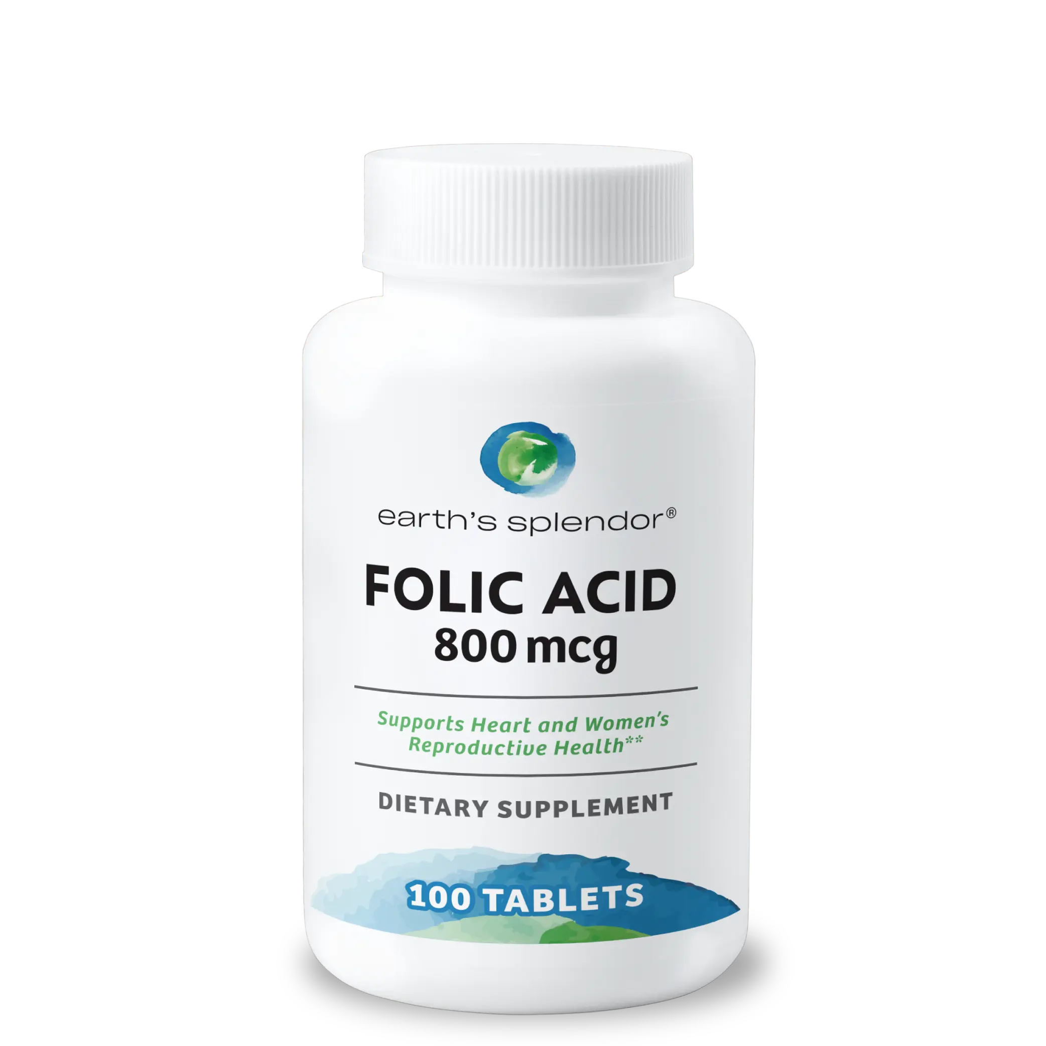 Earth's Splendor Folic Acid 800 mcg Dietary Supplements - 100 Count Tablets, 3-Month Supply, Daily Healthcare Vitamin for Heart Health & Women's Reproductive Wellness