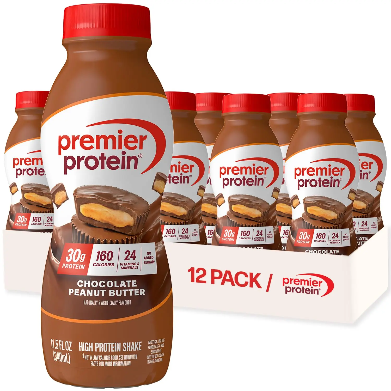 Premier Protein 30g High Protein Shake, Chocolate Peanut Butter, 12 Pack | 160 Calories, 24 Vitamins & Minerals, No Added Sugar, Supports Muscle Health, Gluten-Free, 11.5 oz