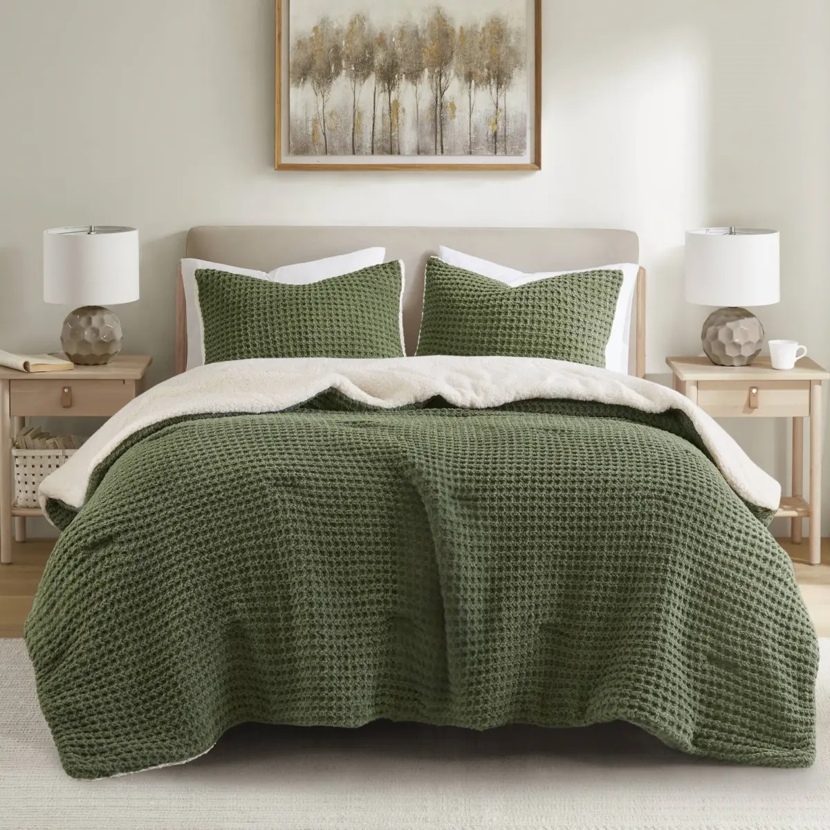 360 stand Waffle Knit Chenille Comforter Set - Twin Size Bed, Neutral Tone, Olive, Knitted Texture, Polyester Fill, Sherpa Side Reverse, Classic, Breathable, Soft, Machine Wash, Bedding Sets Collections, Overlap Opening At Back