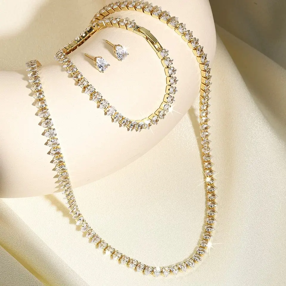 Women's 3-Piece Silver-Plated Cubic Zirconia Jewelry Set - AAAA Grade Teardrop Stones, Lightweight, Bedazzling Bling, Affordable Fashion Arm Candy, Gift for Thanksgiving, Valentine’s Day, Mother’s Day, Special Events, Female, Valentines Day