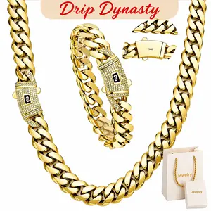 14K Gold-Plated Cuban Bracelet & Necklace Set, Gift Box Included, Anti-Rust Technology, Waterproof, Fade-Proof, Hypoallergenic, 6-14mm Statement Size, Standard Durability, Timeless Shine for Boss Look, Valentine's Day Gift