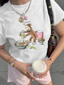 Women's Monkey Print Round Neck Tee, Fashion Casual Crew Neck T-Shirt Womenswear for Daily Holiday Vacation Outdoor Wear, Ladies Clothes for Summer, Top