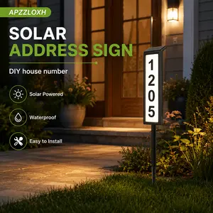 APZZLOXH Solar LED Lighted Address Sign, IP65 Waterproof House Number Plaque for Outdoor Yard, Illuminated Door Number Light for Home, Garden, Patio, Porch, Black