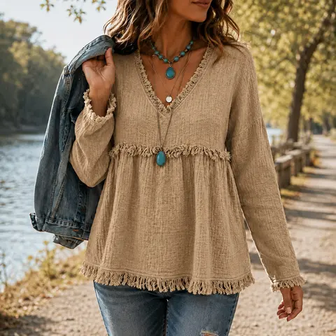 Women's Boho Fringe V-Neck Long Regular Sleeves Loose Tunic Blouse - Flowy Western Clothes, Fit Fabric Slip Hem Fall Casual Chic Everyday Top