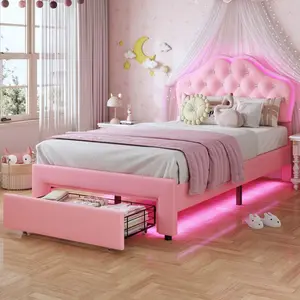 Sikaic Twin Size Velvet Princess Platform LED Bed with Storage Drawers and Adjustable Crystal Button Headboard Pink Comfortable Nursery Design Cute Bedroom