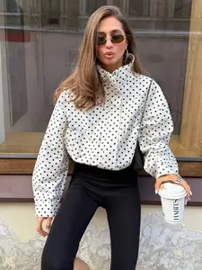 Women's Spring Summer New Drawstring Zipper Pocket Polka Dot Retro Stand Collar Casual Streetwear Jacket Coat Outerwear