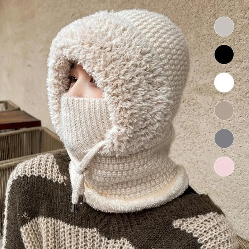 Women's 3-in-1 Synthetic Acrylic Knitted Chunky Balaclava - Adjustable Size, Plain Beanie, Face Cover, Neck Gaiter, Warm for Winter Commuting, Hiking, Everyday Wear - No Extra Accessories (Beige, Black, White, Khaki, Gray, Pink)