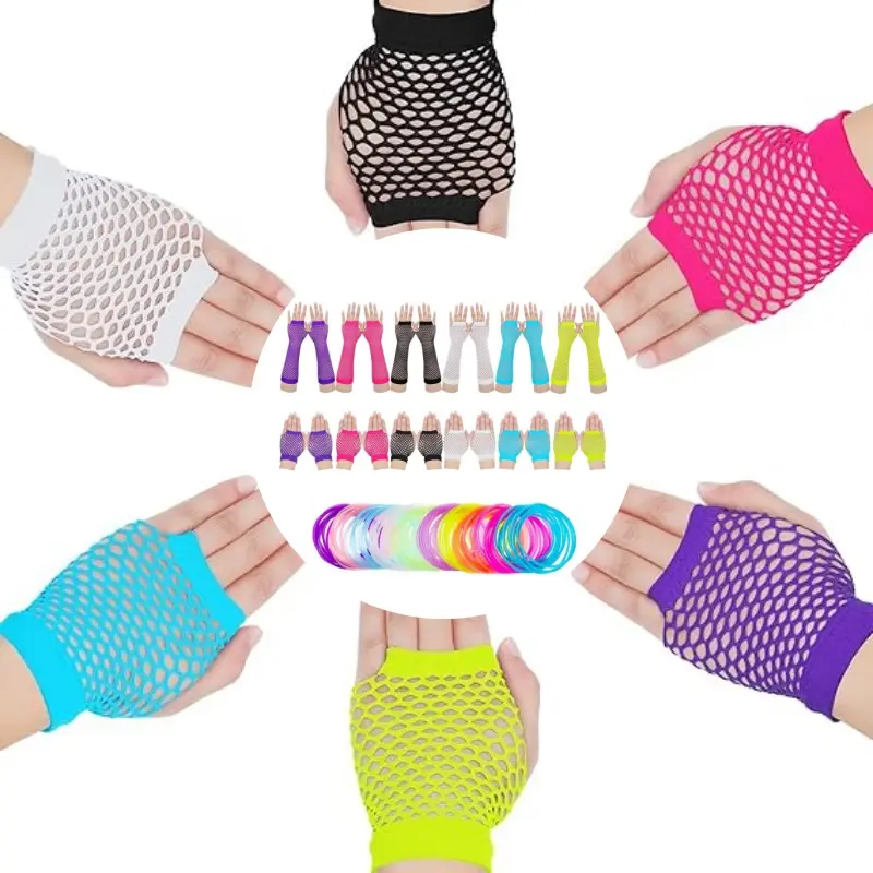 12 pairs Neon Fishnet Gloves Set and 100 colorful silicone bracelets, Short & Long Fingerless Mesh Gloves, 80s Retro Party Accessories for Halloween Costume, Rave, Punk, Cosplay, Concert Outfit