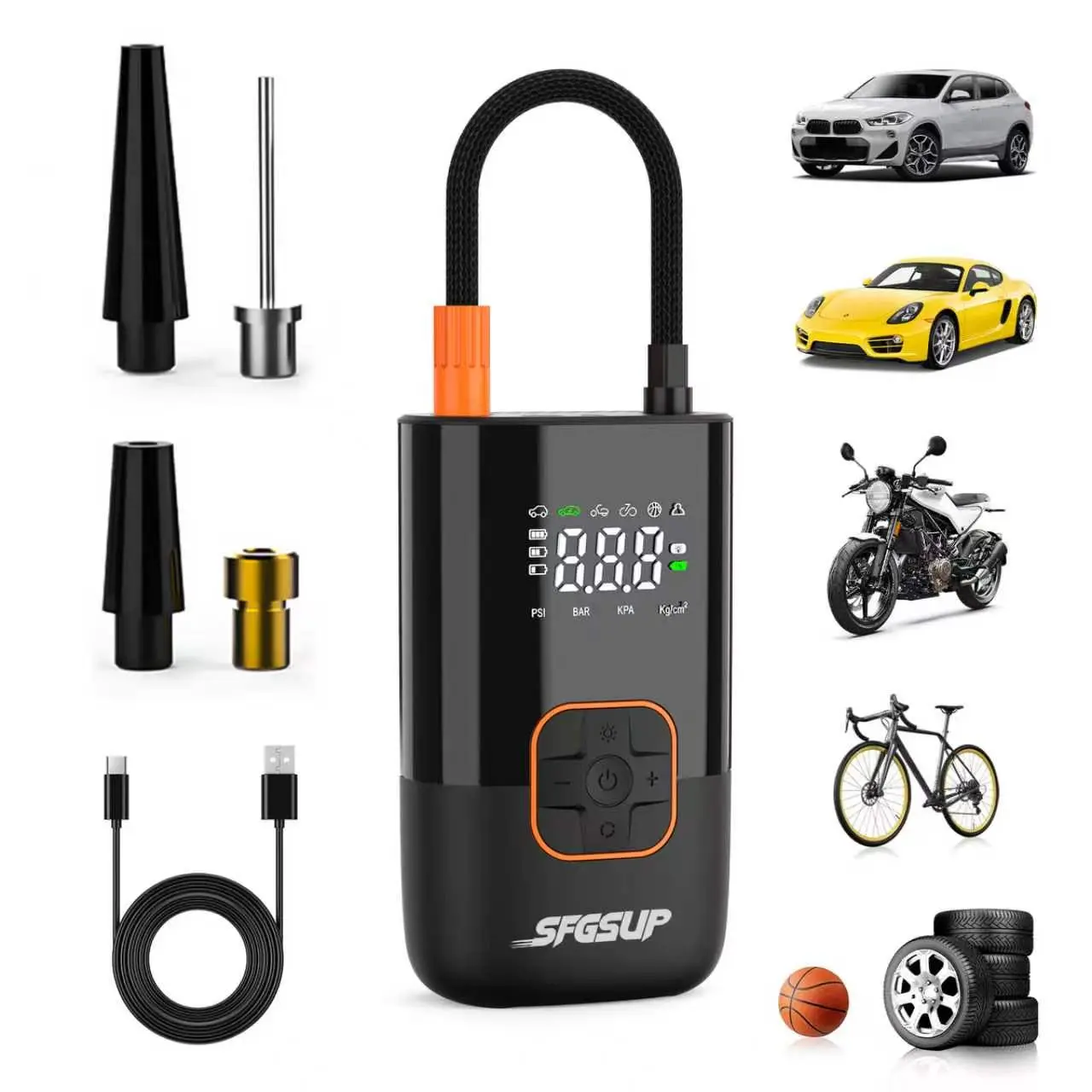 Portable Tire Inflator, Cordless Air Pump, Portable Air Compressor with Digital Pressure Display, LED Emergency Light & Auto Shutoff, Fast Inflation for Cars, Motorcycles, Bicycles and Sports Balls