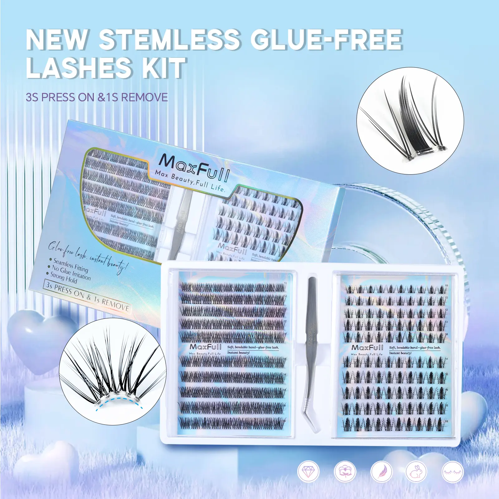 Maxfull Glueless Lashes Bendable Invisible Band Super Strong Hold Lash Clusters Kit 10-18mm DIY Self Adhesive All‑Day Hold Eyelashes Extensions Kit D Curl Anime&Natural Dual Style Fluffy Wispy Pre-Glued Eyelash Beginner-Friendly Press‑On & Easy Remove