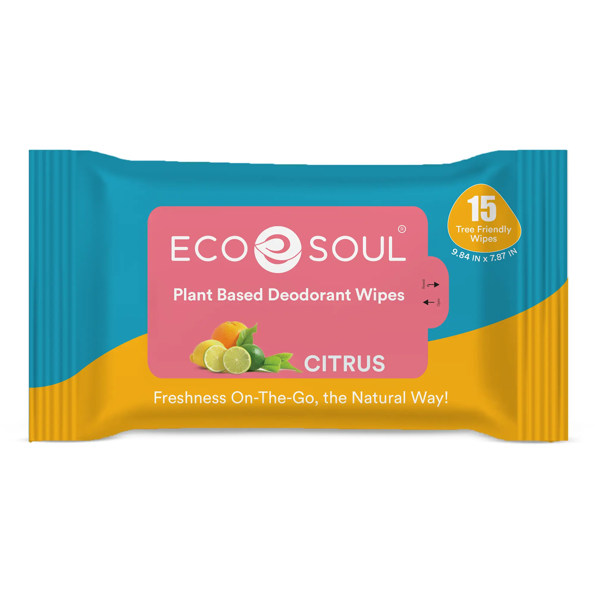 Plant-Based Deodorant Wipes for Women & Men [6 x Pack of 15] With Refreshing Citrus Scent