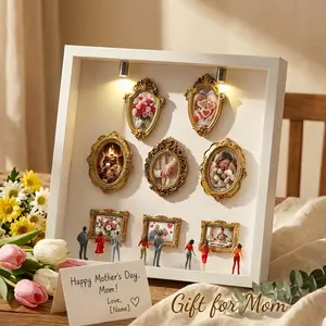 DIY Personalized Light Up Shadow Box Museum Kit – Baroque Gold Frame with Spotlights & Mini Figures – Mother’s Day Gift for Mom, Wedding, Graduation & Anniversary Keepsake