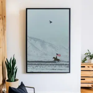 [NO FRAME] Cowboy on Horse and B2 Spirit Flying Satin Poster- America Western Mountain Unframed Wall art