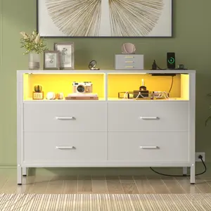 43.3'' W Wood 4 Drawer Dresser with RGB LED Lights & Charging Station, Sturdy Chest of Drawer with Open Storage Shelves