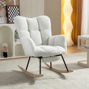 Rocking Chair Modern Upholstered Glider Rocker with Wing Backrest and Foot Rest, Teddy Rocker Accent Armchair with Solid Wood Legs and Pocket for  Bedroom Living Room, Ivory