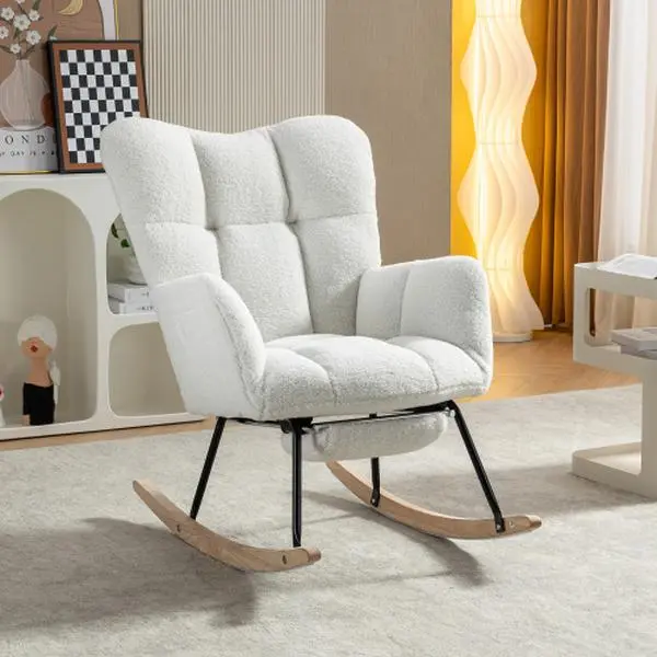 Rocking Chair Modern Upholstered Glider Rocker with Wing Backrest and Foot Rest, Teddy Rocker Accent Armchair with Solid Wood Legs and Pocket for  Bedroom Living Room, Ivory