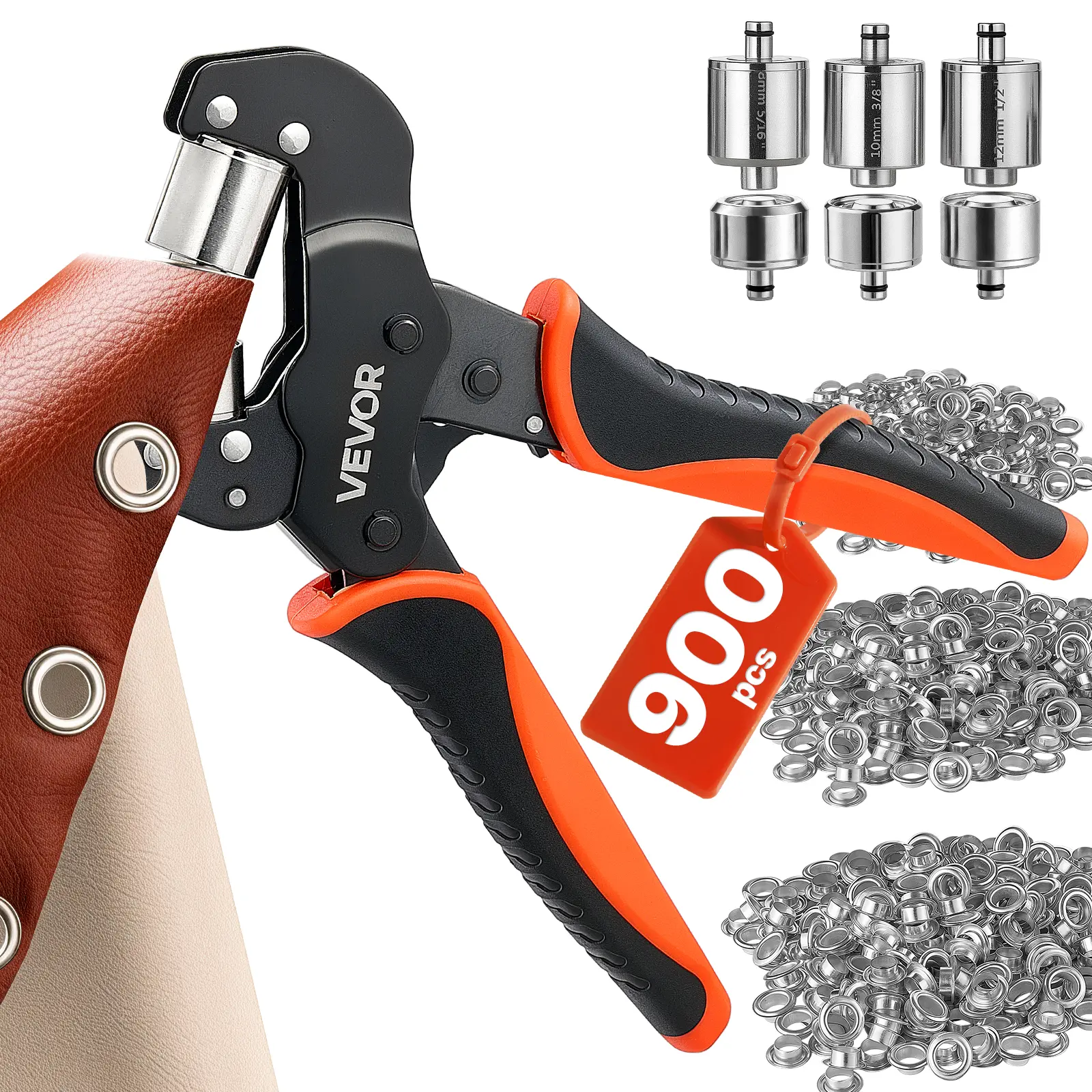 VEVOR Grommet Tool Kit 5/16" 3/8" 1/2" 900 PCS Grommets Eyelet Tool Kit, with Eyelets and Washers, Manual Grommet Press Pliers, Hole Punch Tools, Blocks, for Leather, Tarps, Shoes, Crafts, Fabric
