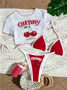 Women's Letter & Palm Tree Print Bikini Set, Sexy Halter Neck Triangle Swim Bra & Tie Side Swim Panty & Sheer Cover Up Top Set, Ladies Swimsuit Summer for Beach Holiday Vacation
