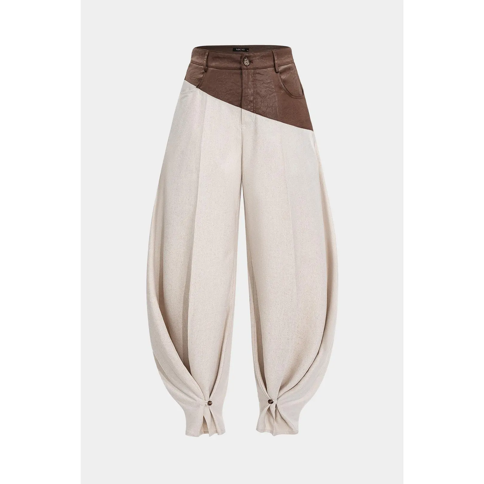 Women's High-Waist Loose Barrel Pants - Casual Multi-Size Trousers with Ruched Detail, Faux Leather-Linen Viscose Patchwork Daily Wear Bottoms