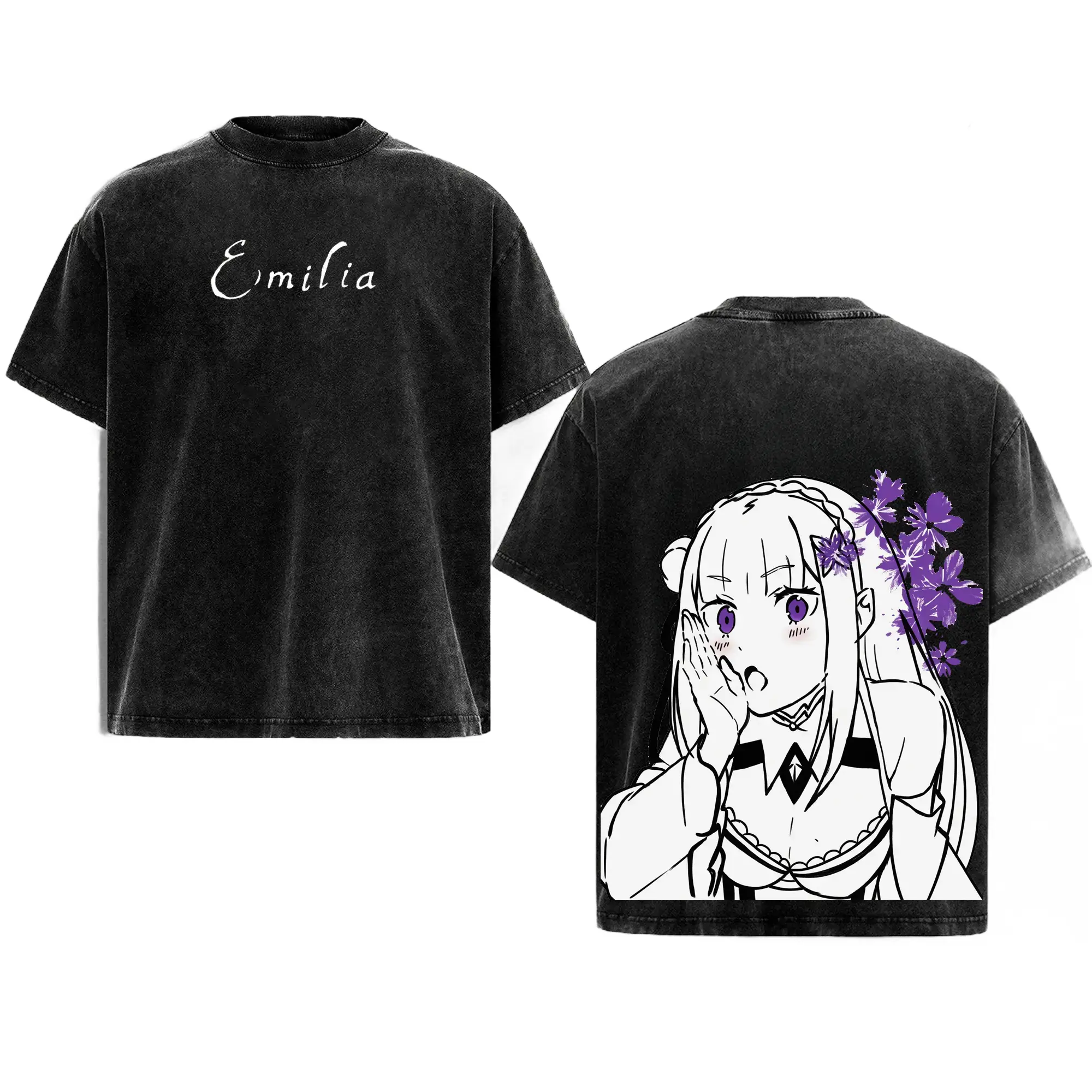 Retro Emilia Echidna Re Zero anime graphic tee washed line art 2 sided print unisex vintage fan merch hoodie sweatshirt tank top streetwear style