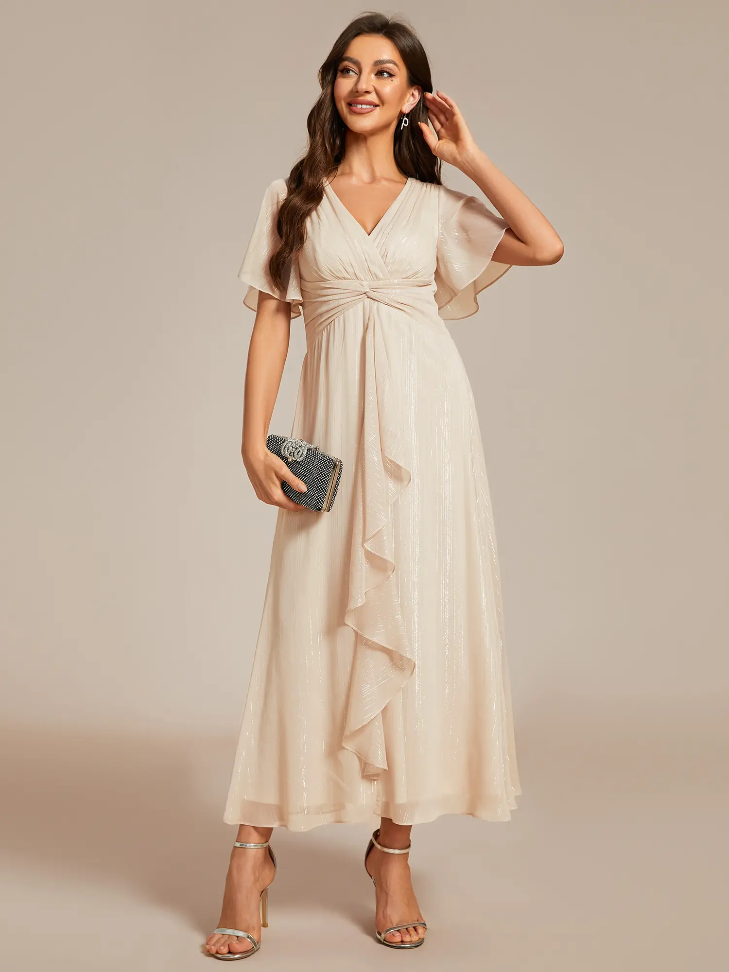 Ever-Pretty  Silver Metallic Fabric V-Neck A-Line Wedding Guest Dress featuring Delicate Ruffled Hem 02131