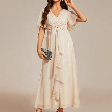 Ever-Pretty  Silver Metallic Fabric V-Neck A-Line Wedding Guest Dress featuring Delicate Ruffled Hem 02131