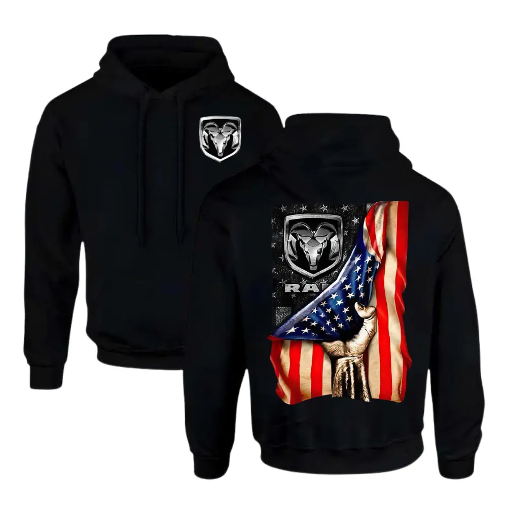 Dodge Ram Logo Behind American Flag Hoodie - Patriotic Truck Graphic Hoodie, Unisex Shirt, Men Gift, Menswear, Full Size, Full Color