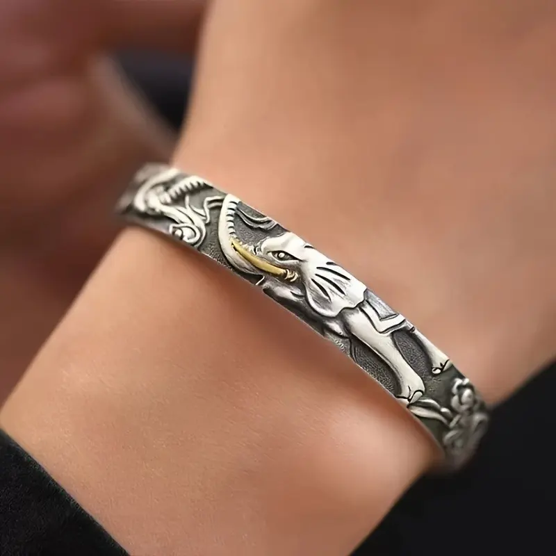 Men's Vintage Thai Cuff Bracelet, Exquisite Elephant & Cloud Pattern, Silver Plated Alloy Elegant Animal Jewelry, Exquisite Bracelet, Elegant Jewelry Bracelet