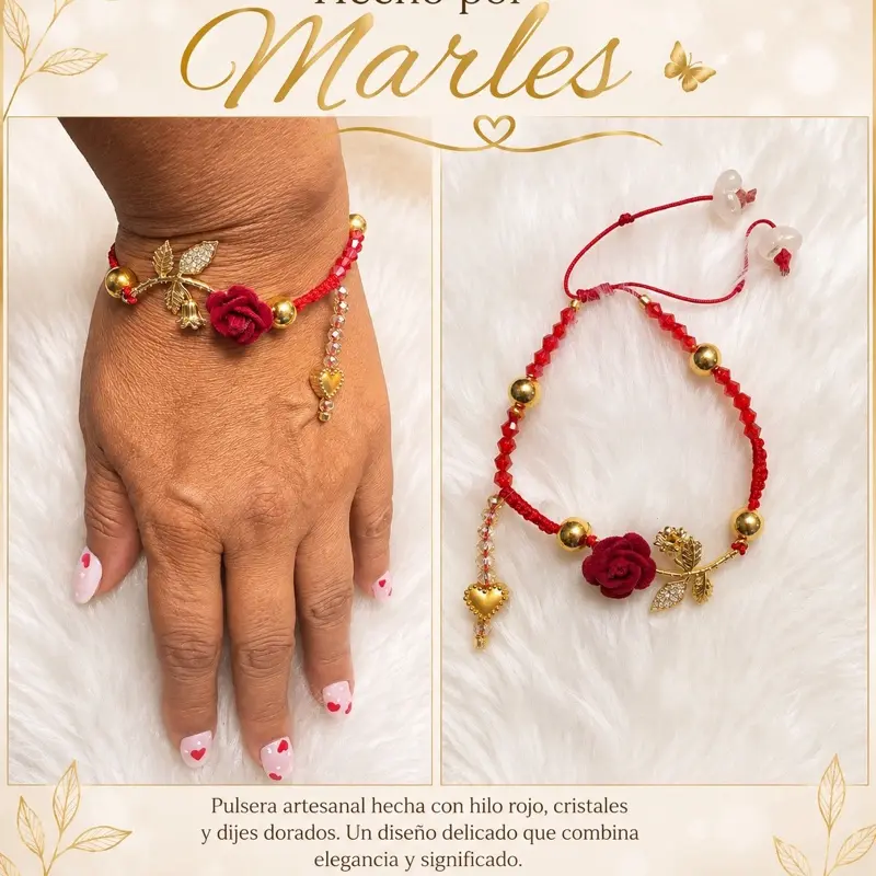 Handmade Red Crystal Rose Bracelet for Women – Adjustable Cord | Hecho por Marles