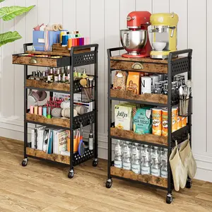 Rolling Cart Organizer with Removable Drawer, 4-Tier Art and Craft Storage Cart, Nail Makeup Organizer, Metal Utility Cart with Wheels for Kitchen Bathroom Essentials, Coffee Supplies, Snack