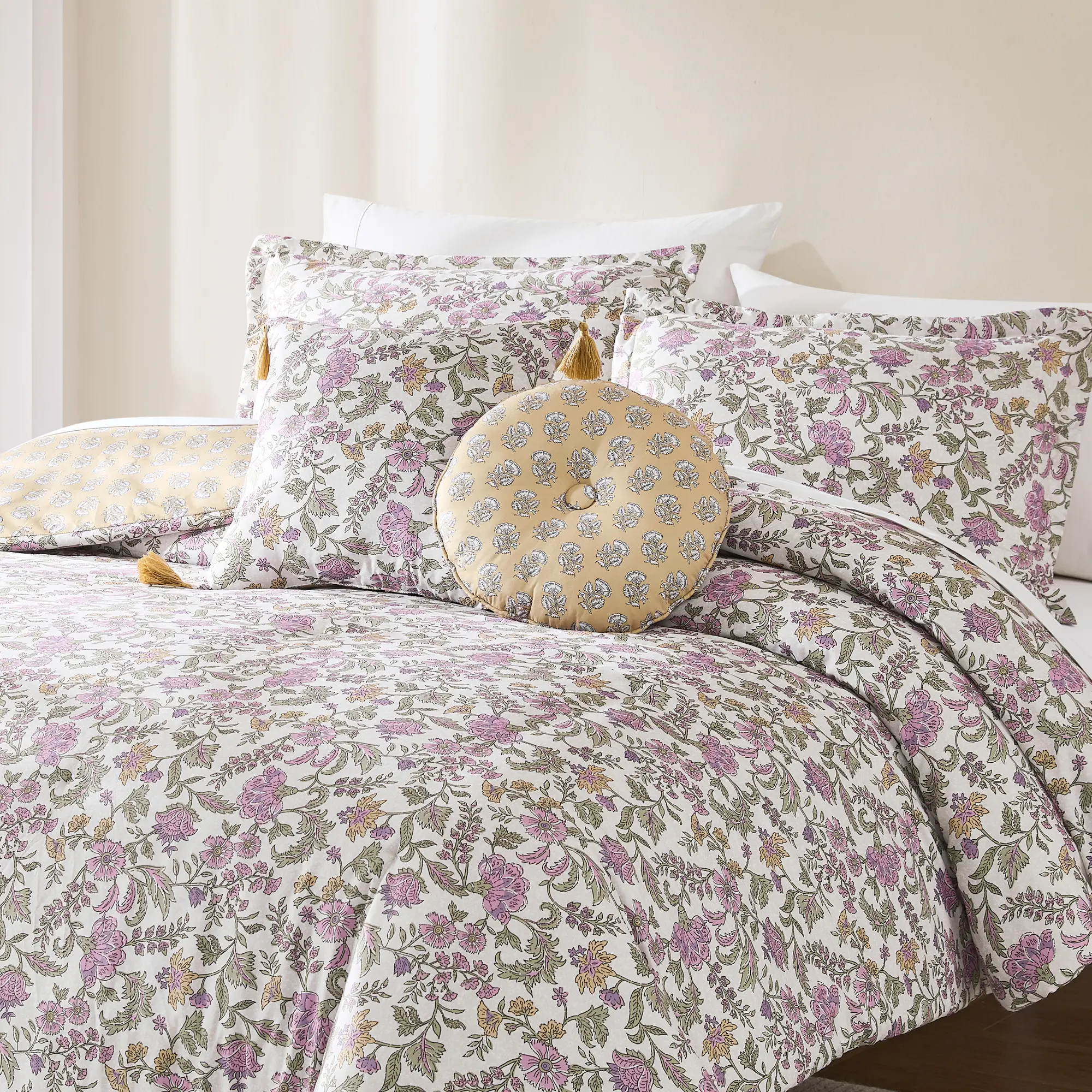 Lush Decor Lillian Block Print Reversible Comforter 5 Piece Set Purple & Yellow - Floral Bedding Set with Throw Pillows - Vintage Decor