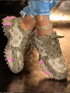Women's Letter Print Comfortable Thick Sole Rhinestone Shoes, Casual Streetwear Athletic Sneakers, All-Season Low Top Design