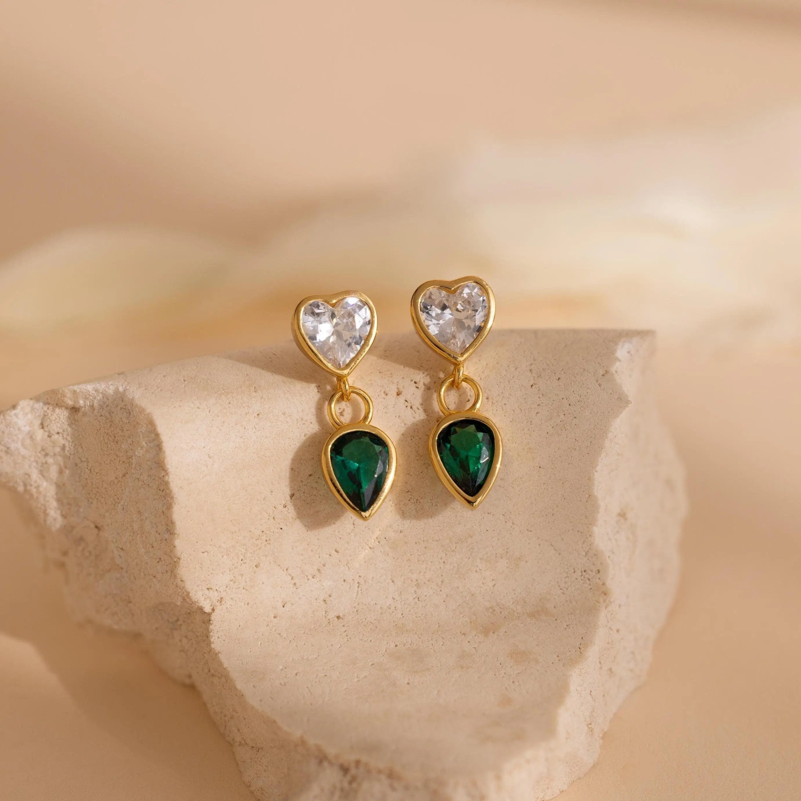 Emerald Heart Drop Studs by Caitlyn Minimalist - Dainty Emerald & Diamond Dangle Earrings - Birthstone Jewelry - Gift for Her