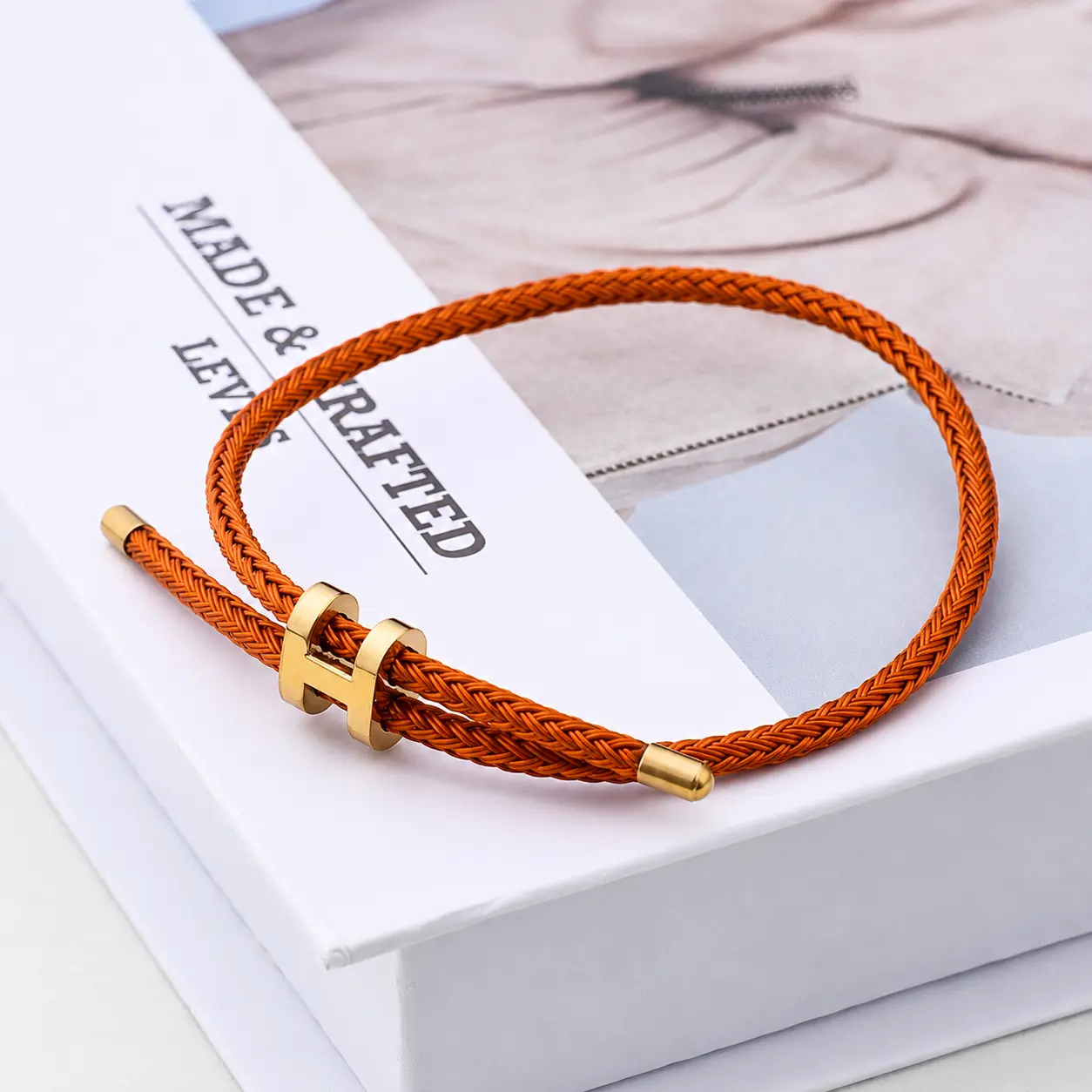 Female Classic Elegant H Bracelet - 18K Gold Metal Coating Polished Steel Braided Rope Wristband with Letter Charm, Waterproof Casual Costume Jewelry Set