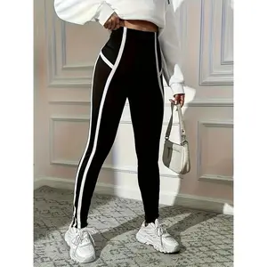 [High-Waisted Leggings] High-Waisted Women's Black & White Striped Athletic Leggings |   Mid-Stretch Yoga Pants, All-Season Machine Washable, Nontransparent Fabric, Medium Elasticity, Stylish Activewear, Durable Fabric, Comfortable Loungewear, Modern Spor