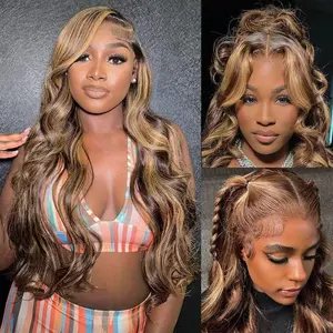 Anyweek Honey Blonde Ombre Lace Front Wig Human Hair Highlight Body Wave 13x6 Lace Front Wigs Pre Plucked Glueless HD Lace Frontal Wig for Women 4/27 Colored summerwins