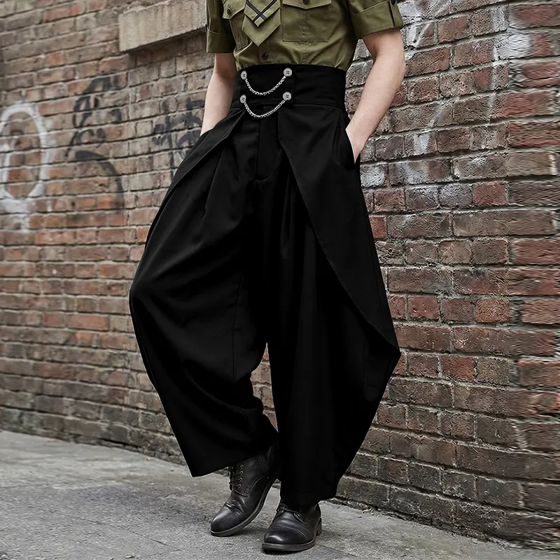 INCERUN Men's Gothic Style High-Waisted Wide-Leg Cargo Pants with Metal Chain Waist Detail, Drape Fit Streetwear Menswear Clothes, Aesthetic Fashion Bottoms, Uniform, Urban Wear, Baggy Oversized Men's Pants, Dark Goth Energy, Underground Ready, Cargo Fabr