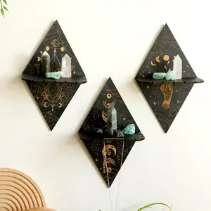 Wooden Crystal Display Rack, 1 Count Wall Mounted Witchcraft Pattern Decorative Shelf, Vintage Style Wall Decor for Home Living Room Bedroom