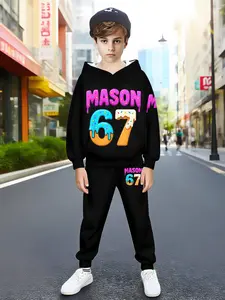 Boys' 3D Digital Print Fashion Set, Casual Polyester Hoodie and Pants, Geometric Pattern, Long Sleeve, Spring & Fall, Youth Sports Style, Winter Set, Hoodies
