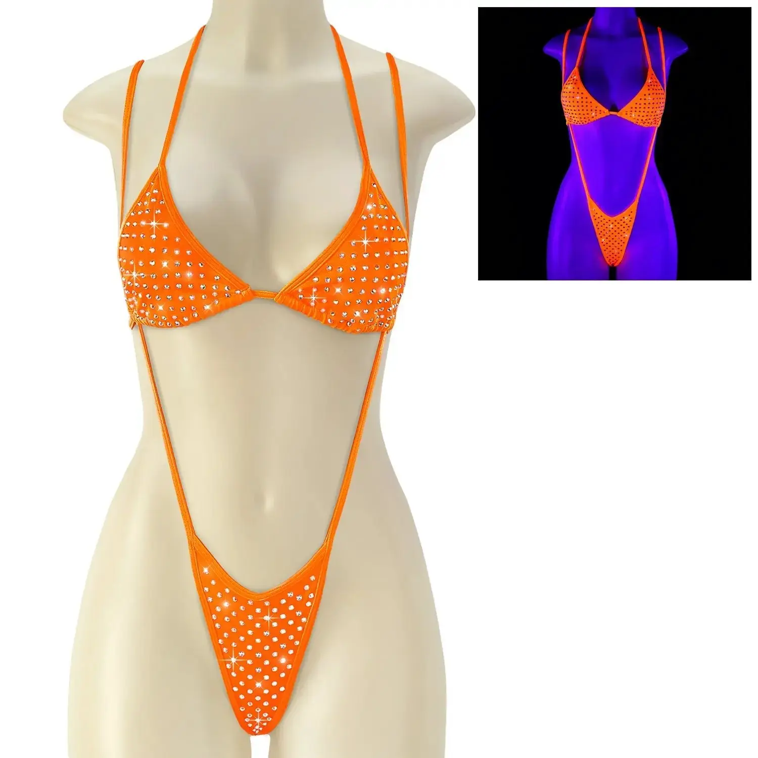 Pleaser Bella-01RS Women's Rhinestone Two-Piece Dance Set Neon Orange